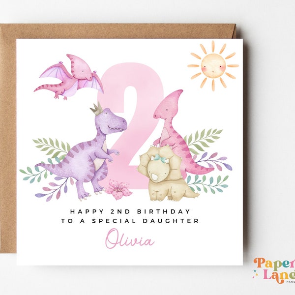 Personalised Dinosaur 2nd Birthday Card | Girly pink dinosaur | T-rex dino birthday theme | Second birthday daughter, niece, grandchild | 56