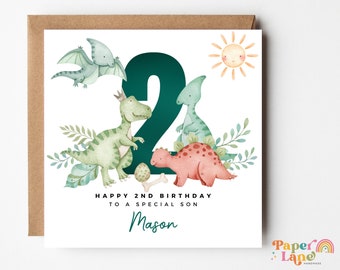 Personalised Dinosaur 2nd Birthday Card | T-rex green dinosaur | Dino Jurassic birthday theme | Second birthday son, nephew, grandson #59