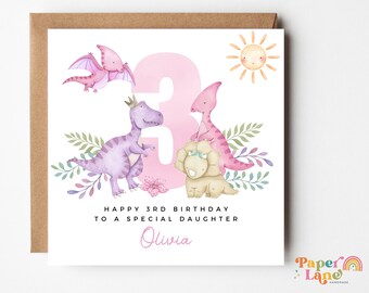 Personalised Dinosaur 3rd Birthday Card | Girly pink dinosaur | T-rex dino birthday theme | Third birthday daughter, niece, grandchild | #56