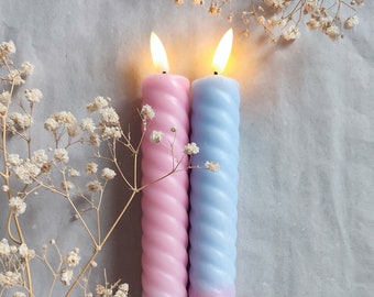 LED kaarsen, pastel,babyblauw,zachtroze,gekleurde kaars,batterij,timer,swirl,gedraaid,babyshower, babycadeau idee, veilig,babykamer,dip dye