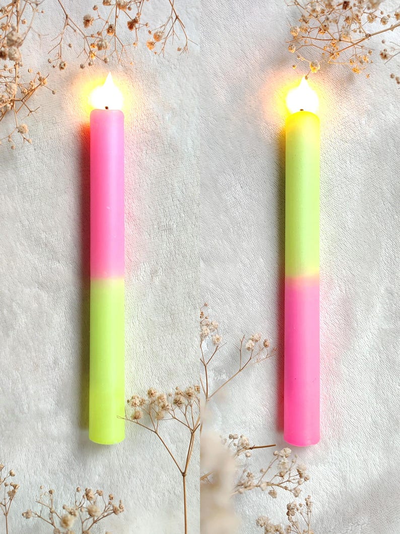 Neon dip dye LED kaarsen set van 2 – kleurrijke fluor decoratie kaarsen op batterij – moderne interieur woondecoratie bild 7