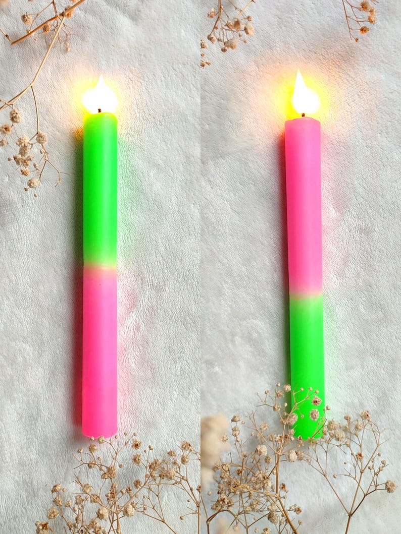 Neon dip dye LED kaarsen set van 2 – kleurrijke fluor decoratie kaarsen op batterij – moderne interieur woondecoratie bild 5