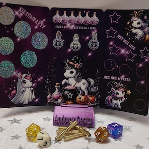 Klappkarte "Halloween Unicorn" zum Rubbeln, Würfeln und Losen / Sparchallenge / Rubbelchallenge (Art. 1032)
