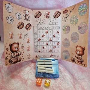 Klappkarte "Coffee Bears" zum Rubbeln mit Bingo und Losen / Sparchallenge / Rubbelchallenge (Art. 1034)