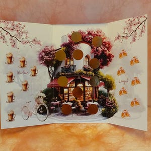 Klappkarte "Petit Cafe" zum Rubbeln, Würfeln, Abstreichen und Losen / Sparchallenge / Rubbelchallenge (Art. 1125)