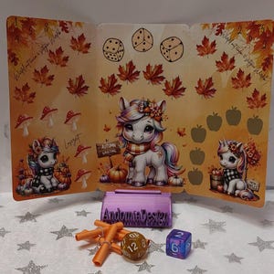 Klappkarte "Autumn Unicorn" zum Rubbeln, Würfeln und Losen / Sparchallenge / Rubbelchallenge (Art. 1031)