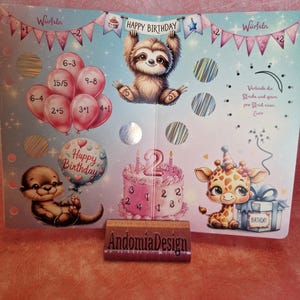 Klappkarte "Animal Birthday Party" zum Einheften Abstreichen, Rechnen und Rubbeln / Rubbelchallenge / Sparchallenge (Art. 1159)
