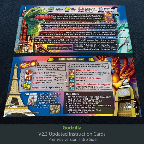 Godzilla Pinball Updated Instruction Cards v2.0 -- Pro or Prem/LE