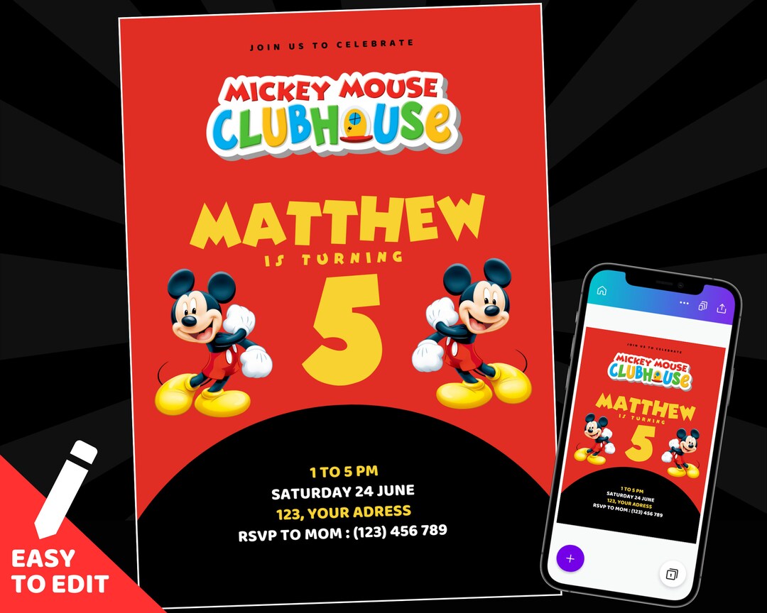 Mickey Birthday Invitation Template Digital Mickey Invitation Template