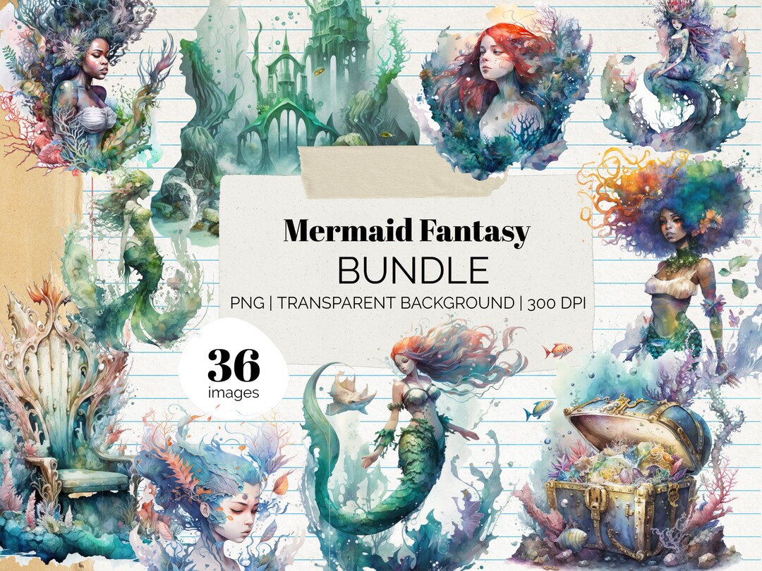Mermaid Fantasy Clipart Bundle With Transparent Background and - Etsy UK