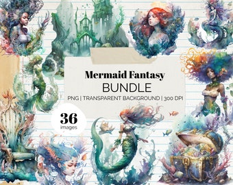 Paquete de imágenes prediseñadas de Mermaid Fantasy con fondo transparente y licencia comercial / Undersea Fantasy / Descarga digital / Archivo POD / PNG /