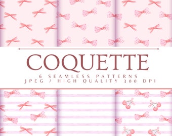 Coquette Seamless Patterns, Pink Bows, Digital Paper (Commercial Use)