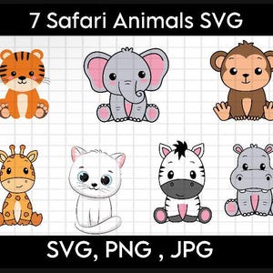 Animali da safari SVG a strati / Adorabile animale della giungla africana File di taglio / Cricut / Silhouette / Ippopotamo / Giraffa / Zebra / Scimmia Zoo Savanna