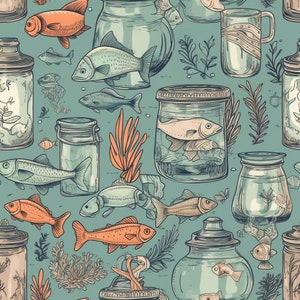 May include: A seamless pattern featuring various fish in glass jars, with a blue-green background. The jars are filled with water and contain different types of fish, including goldfish, guppies, and angelfish. The pattern is repeated throughout the image.
