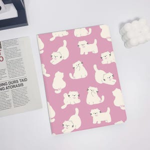Cute White Cat iPad Case for Pro 12.9/Air 10.9/Mini 6, Kawaii Kitty Pattern Pink Tablet Cover