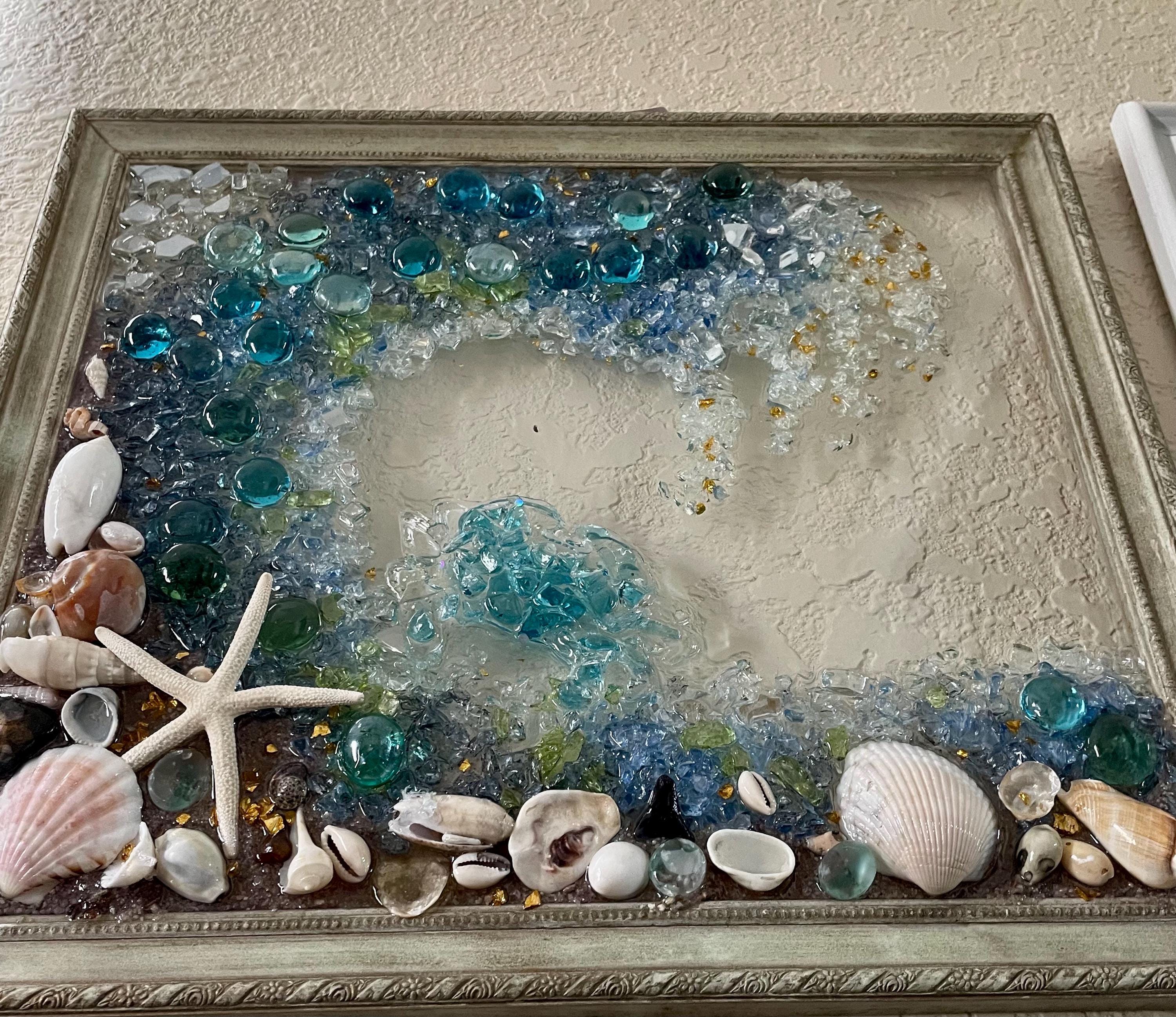 Ocean Wave Resin Art With Seashells and Glass Beads – Coastal Wall ...