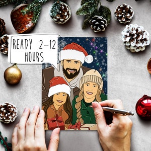 Tarjeta navideña con ilustración familiar, tarjeta navideña con retrato familiar personalizado, tarjeta navideña personalizada, regalo de Navidad 2024, retrato de pareja