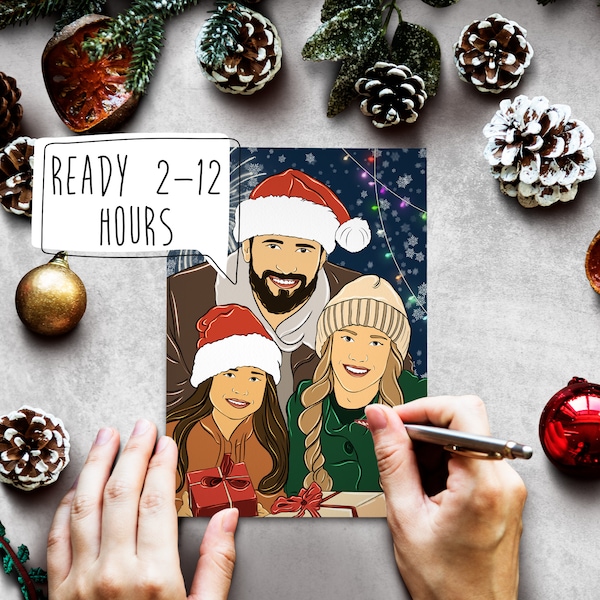 Family Illustration Christmas Card, Custom Family Portrait Christmas Card, Personalized Christmas Card, Xmas Gift 2024, Couple Portrait