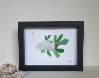 シーグラスの絵 - 手作りの額入り - アート - 魚の群れ - 壁飾り