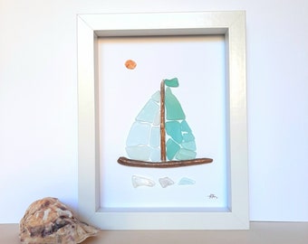 Sea Glass Art, Pebble art, Sea glass boat, Sailor gift, Beach art, Sailing, Yacht, Family gift, Best Friend gift, Housewarming, Anniversary