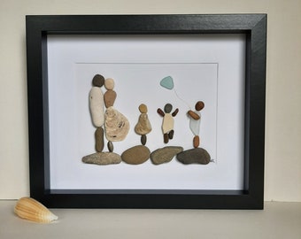 Happy family of 5, Couple gift, Pebble art pic, Housewarming, Birthday present, pebble boy, girl, Family gift,Mother's Day, Father's Day