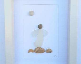 シーグラスエンジェル、小石アート、シーグラスアート、家族への贈り物
