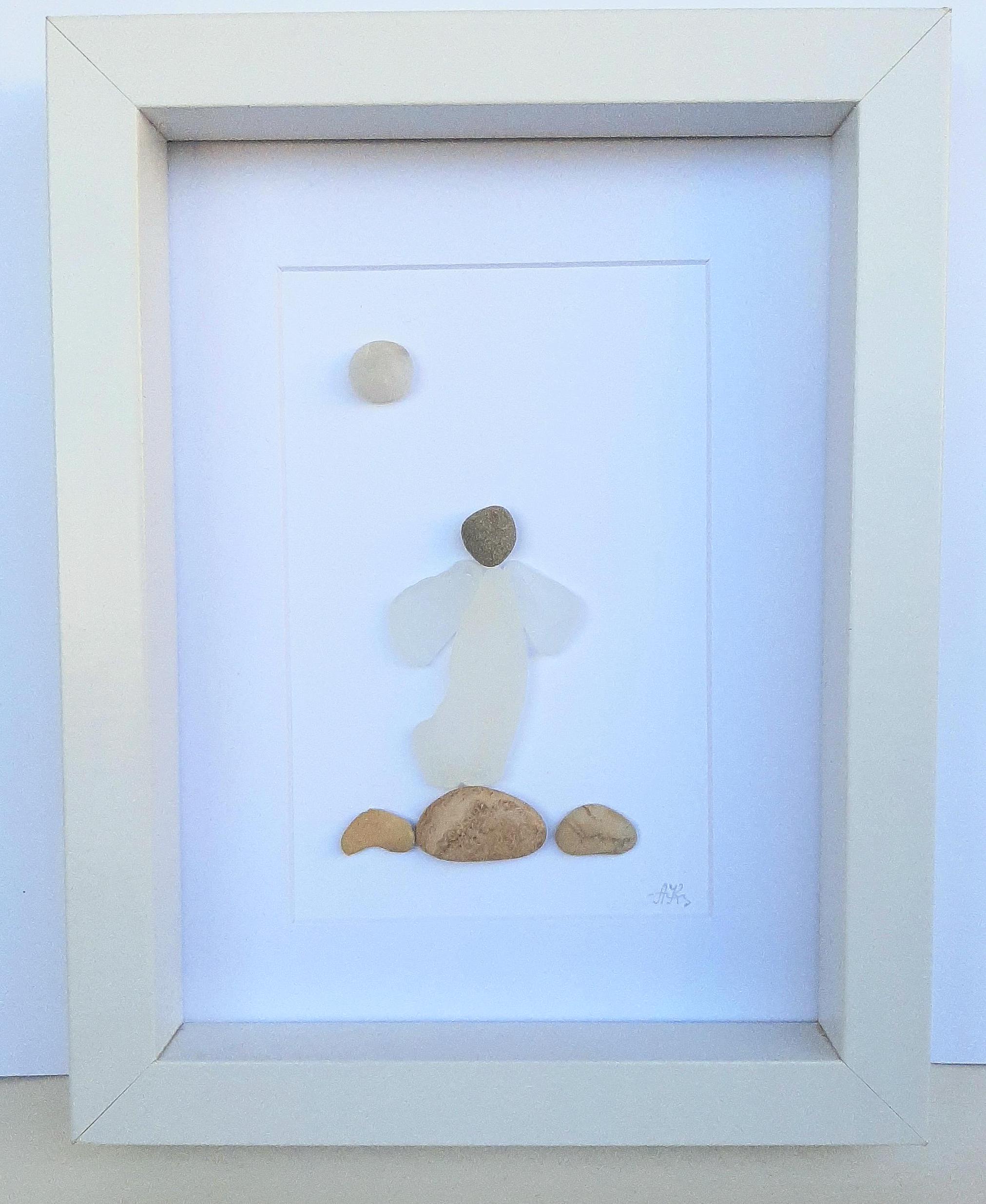 シーグラスエンジェル、小石アート、シーグラスアート、家族への贈り物