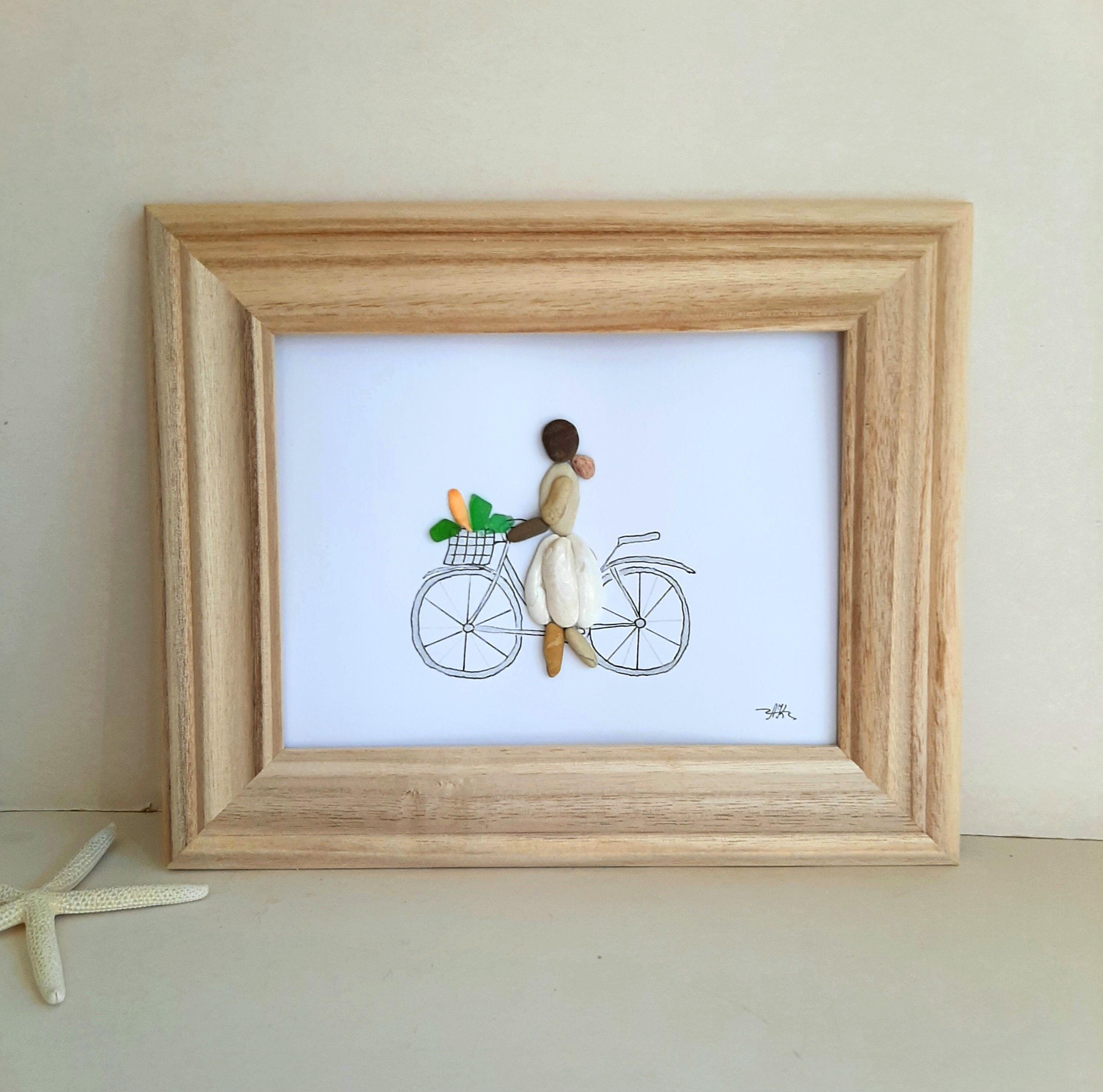Sea glass Art girl on a bicycle, Acrylic painting, Rock Beach art,  best friend gift, Mother's day gift, Parents present, Birthday gift