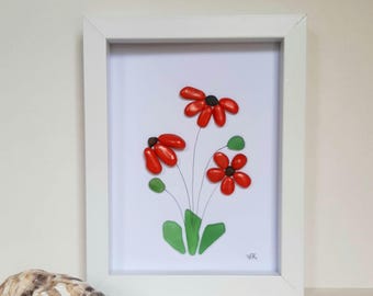 Pebble flowers, Pebble art poppies, Sea glass flowers, Red flowers, Family gift, Friends, Birthday, Mother's Day gift,Anniversary,Retirement