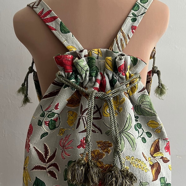 Backpack vintage barkcloth Fall leaves foliage