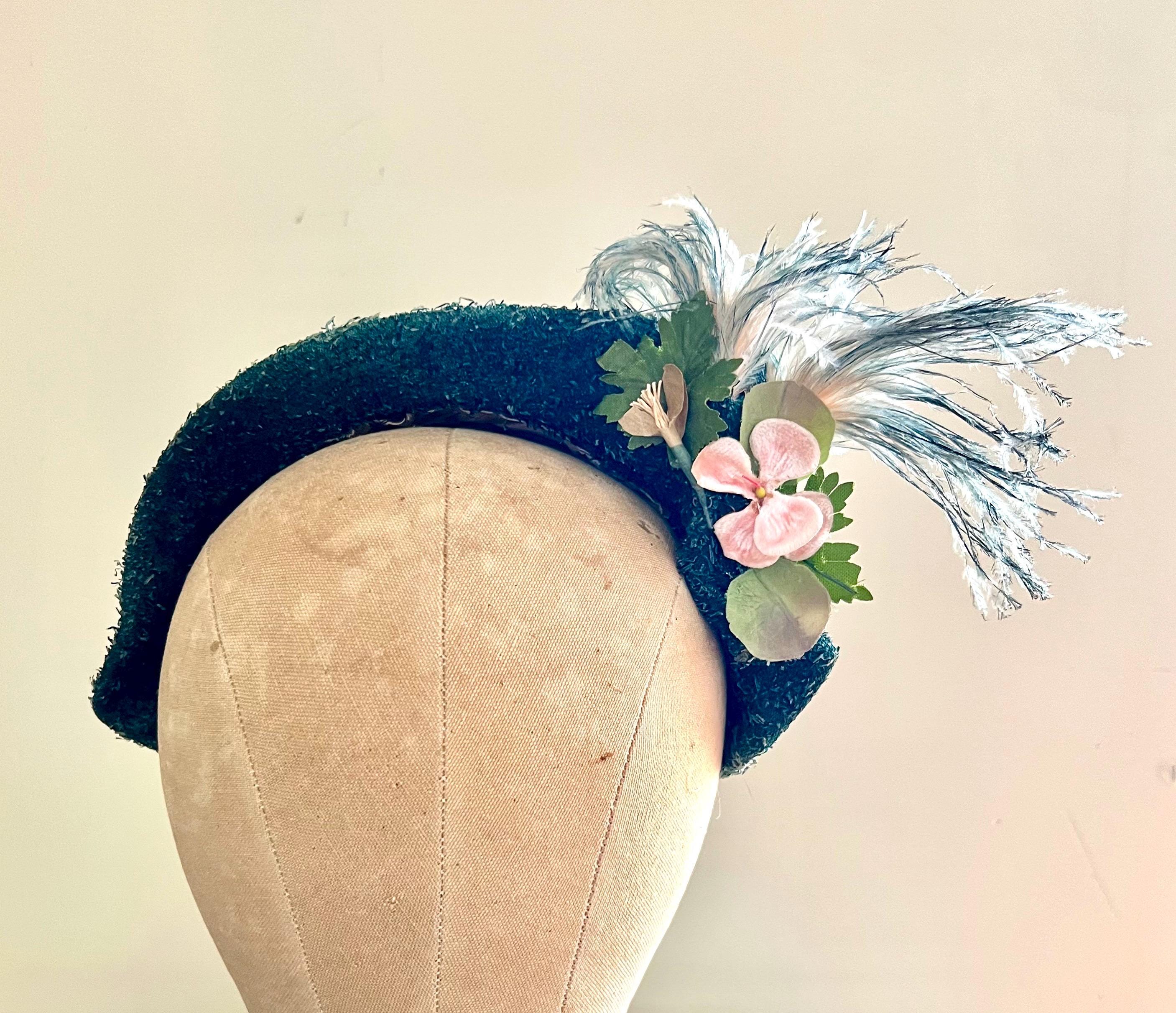 MCM 1950\'s Fascinator Hat Headpiece Green Veiled Satin Jacquard MAY D&F Green Felt Pillbox Hat, Peacock Feather Fascinator, Ascot  main image 2