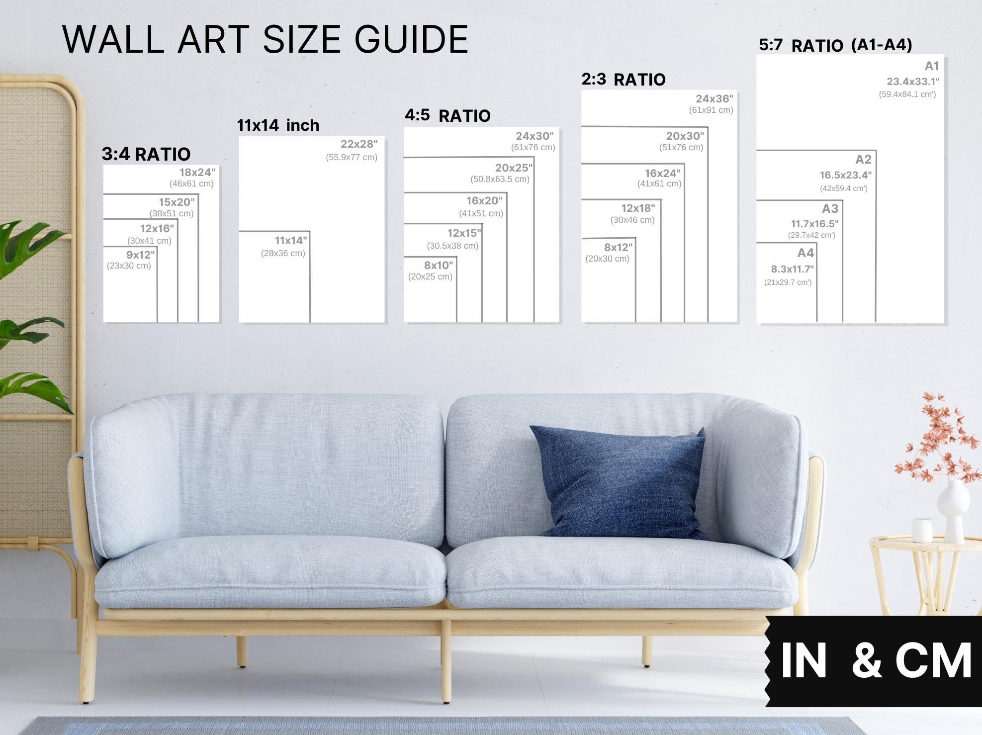 Living Room Wall Art Size Guide Frame Sizing Mockup Poster Size Chart Living Room Wall Art Size Guide Frame Sizing Mockup Poster Size Chart