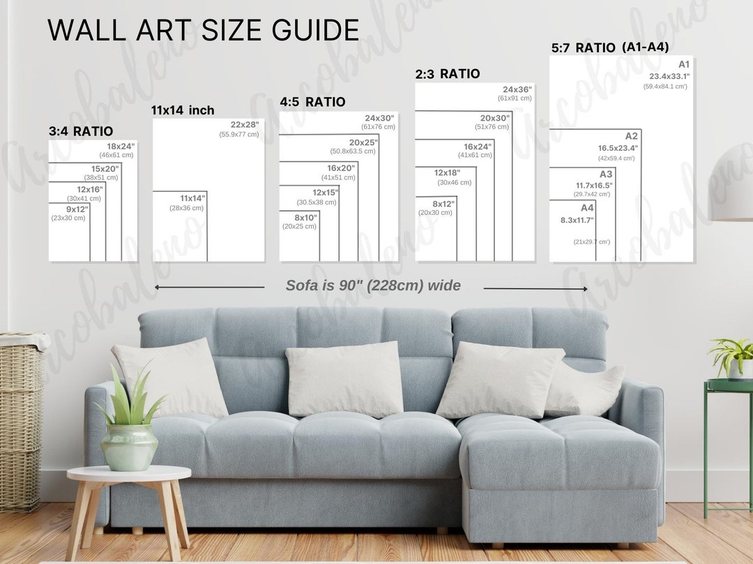 Living Room Wall Art Size Guide Frame Sizing Mockup Poster Size Chart ...