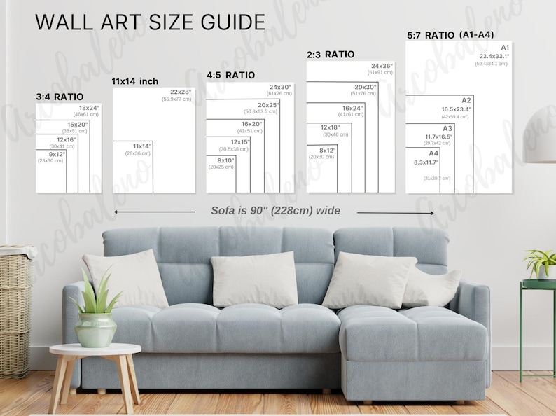 Living Room Wall Art Size Guide Frame Sizing Mockup Poster Size Chart ...