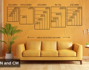 Living Room Wall Art Size Guide, Frame Sizing Mockup, Poster Size Chart, Frame Template Guide, Frame Sizes, Ratio 2x3, 3x4, 4x5, A1 to A4