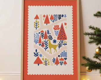 Scandinavian Deer & Forest Folk Art Christmas Printable Wall Art Deer Forest Printable Christmas Decor Cozy Season Print Digital Download