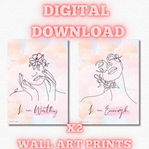 Positive affirmation art, digital wall art, home decor, printable wall art, pink decor, orange decor, girly home, pink home decor, line art
