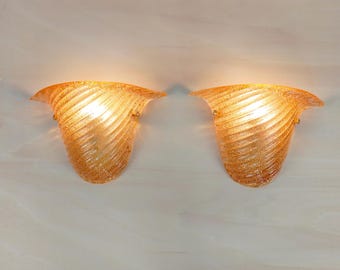 Pair of Murano glass wall sconces with half cup oblique striped amber grained