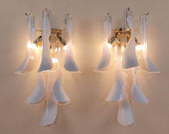 Long White Murano Glass Wall Sconces with Petals.