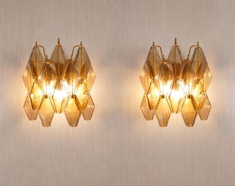 Set of 2 Murano glass poliedri wall sconces in fumè brown  12"x12"