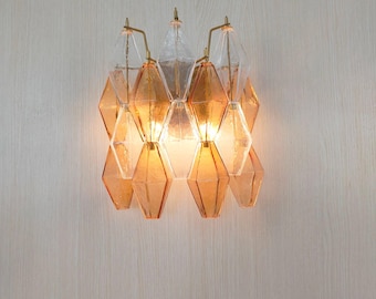 Murano glass poliedri wall sconce in clear and Amber  12"x12"