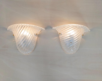 Pair of Murano glass wall sconces with half cup oblique striped clear grained