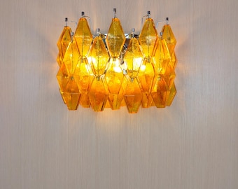Murano Glass Poliedri wide Wall Sconce -amber color - Chrome Finish
