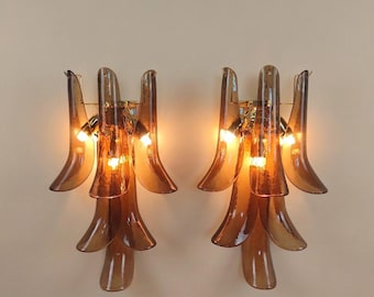 Long Brown Murano Glass Wall Sconces with Petals.