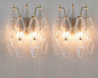 Set of 2 Murano glass poliedri wall sconce in clear  12"x12"