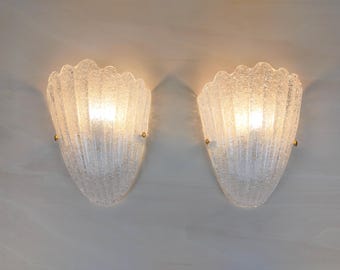 Pair of Murano glass wall sconces clear grained half cup
