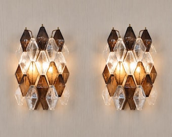 Set of two Murano glass poliedri wall sconce in dark fumè brown and clear color