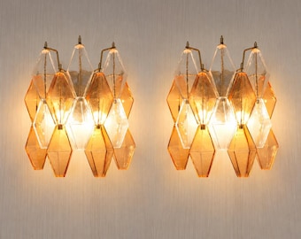 Set of 2 Murano glass poliedri wall sconces in clear and Amber  12"x12" a