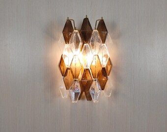 Murano glass poliedri wall sconce in dark smoky brown and clear color