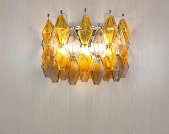 Murano Glas Poliedri breite Wandleuchte - Smokey Braun und Bernsteinfarben - Chrom-Finish